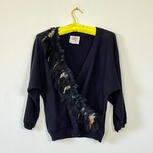 80s Vintage Feather Trim Black Wrap Sweater Dolman Sleeve Large
